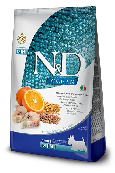 Farmina N&D dog OCEAN (AG) adult mini, codfish, spelt, oats & orange 2,5 kg